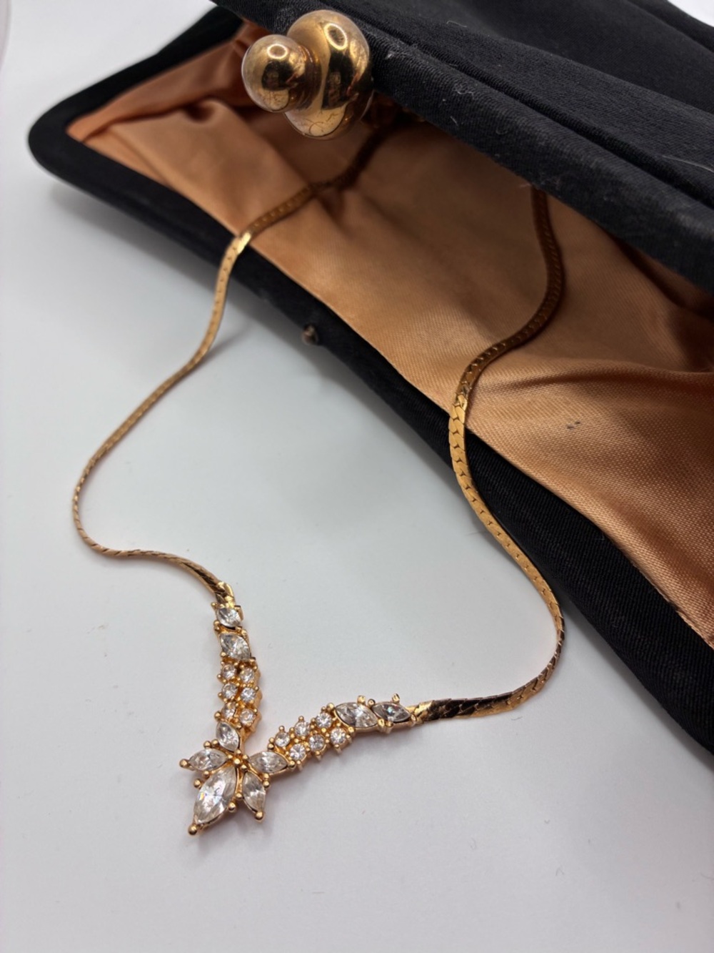 Vintage Christian Dior Gold-Tone Crystal V Motif Necklace with Clear Stones
